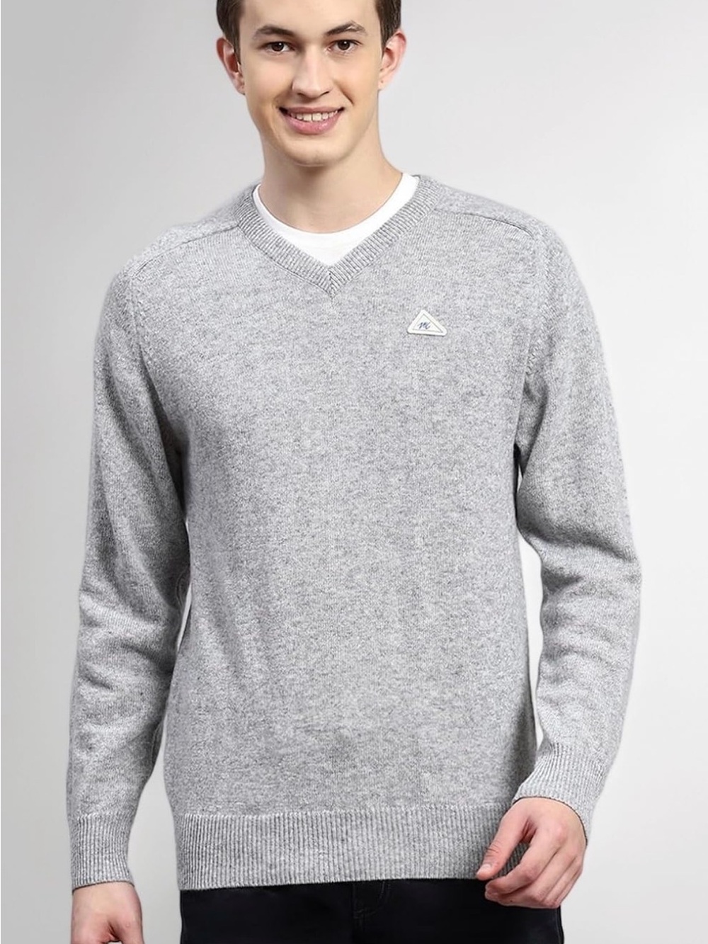Monte Carlo Mens Solid V-Neck Full Sleeve Pullover Heather Grey M